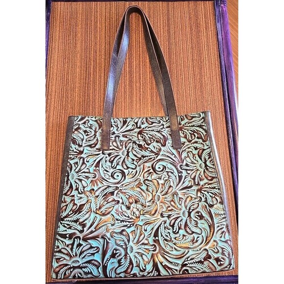 Patricia Nash Large Tooled Turquoise Leather Shoulder Bag Double Handles NEW - Picture 2 of 6